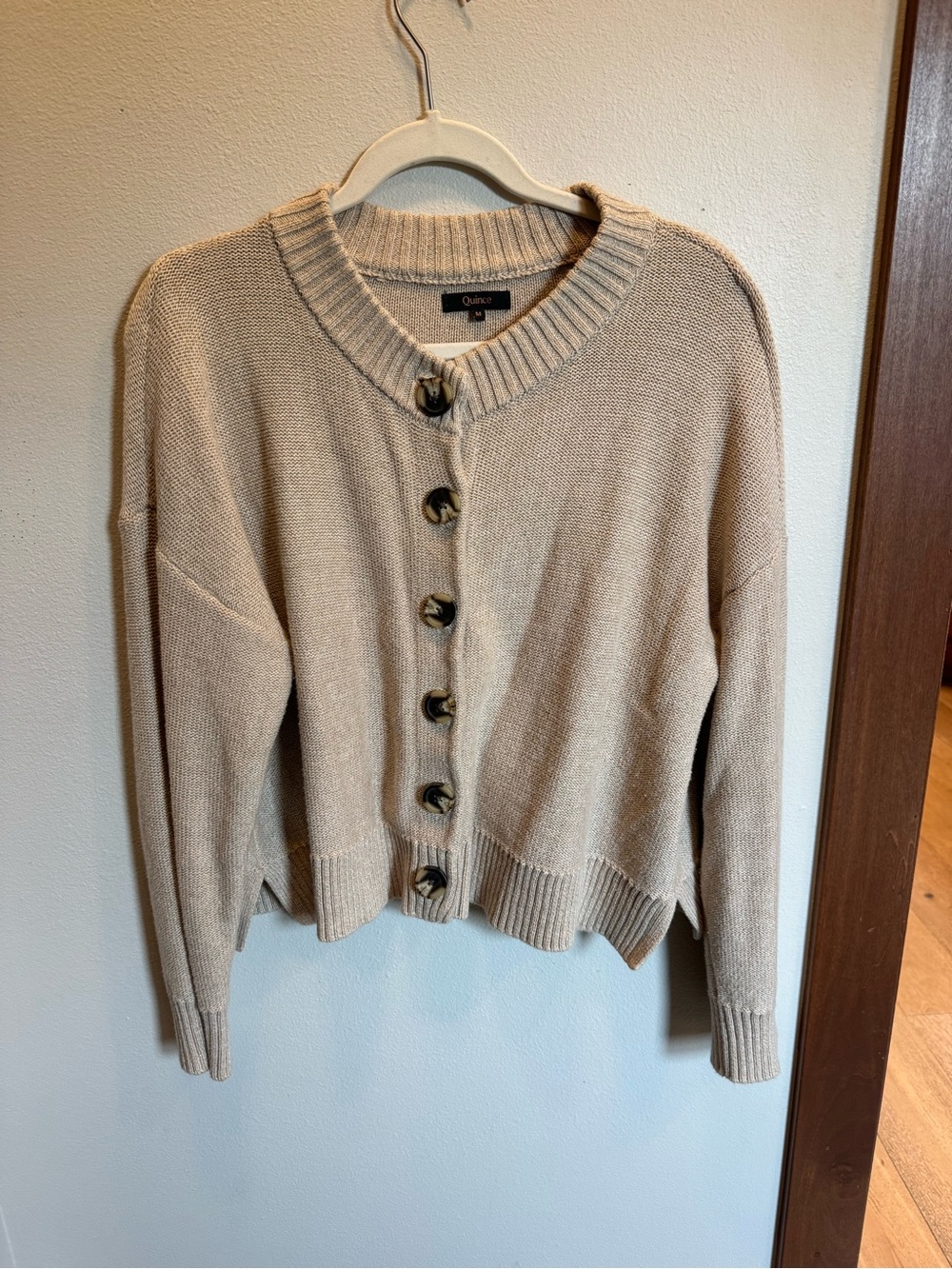 Quince Neutral Beige Cropped Button-Up Cardigan